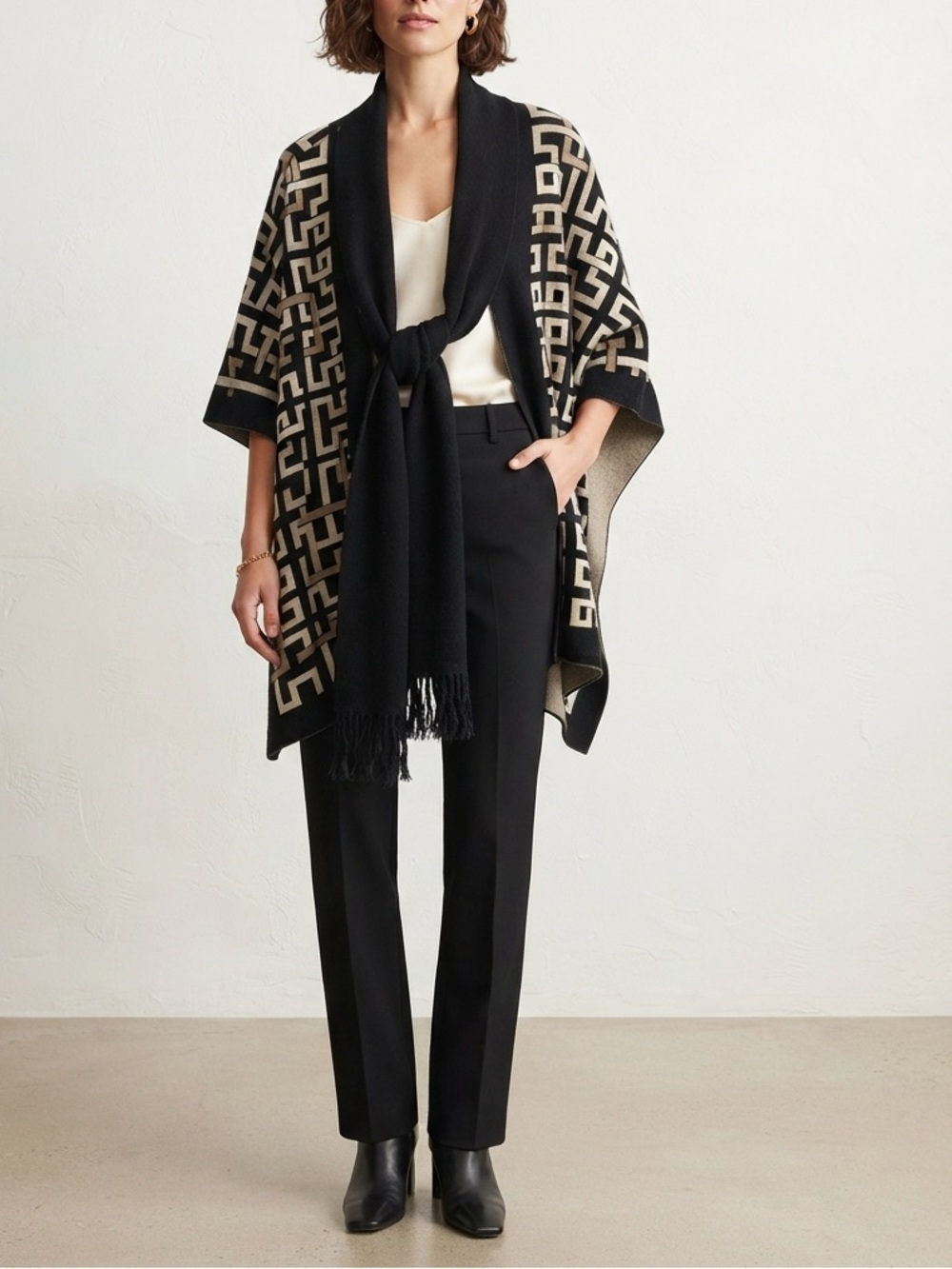 Anne Klein Black and Cream Geometric Knit Shawl Cape with Attached Scarf